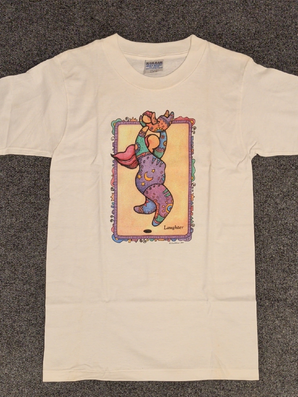 Vintage Graphic Tee w Colorful Dancing Figure Laughter 1994 100% Cotton T Shirt
